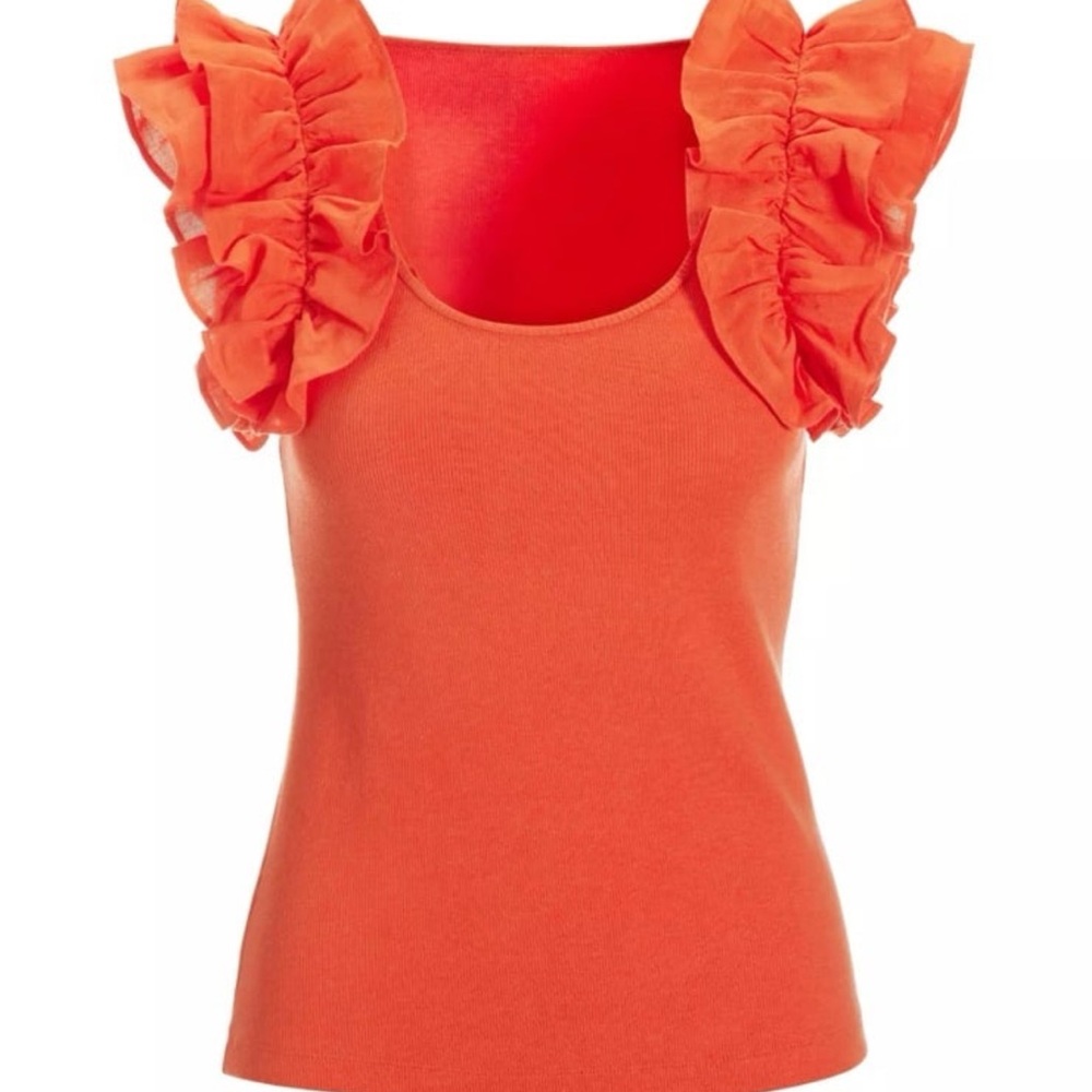 BOSTON PROPER LINEN RUFFLE RIBBED TOP IN HOT CORAL//SIZE MEDIUM